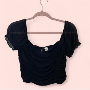 H&M Black Puff Sleeve Ruched Crop Blouse